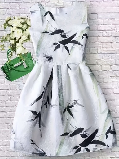 [17615803009310] Vestido Elegante para Mujer con Estampado de Hoja de Bambú - Vestido A-Line sin Mangas con Dobladillo Asimétrico, Verde/Blanco//Gris para Todas las Estaciones, Cuello Redondo y Largo hasta la Rodilla para Bodas, Fiestas y Looks Casuales (Lavable a Máquina)
