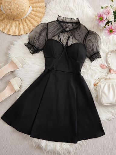 [17596540566044] Vestido midi negro elegante con sobrepuesto de malla y detalle de moño, estilo sexy para fiestas, ajustado, manga corta, cuello redondo para mujer