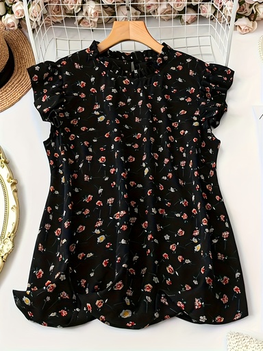 [17608299311914] Blusa Elegante con Volantes en el Cuello y Puños Abullonados - Estampado Floral 