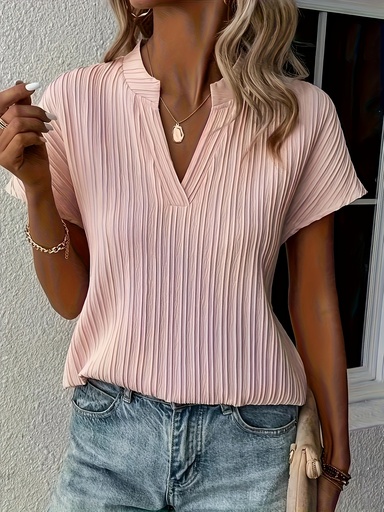 [17596930376265] Blusa elegante de cuello en V de color rosa claro para mujer - Camisa de verano de color sólido con cuello, mezcla de poliéster y spandex, lavable a máquina, perfecta para un atuendo casual o elegante.