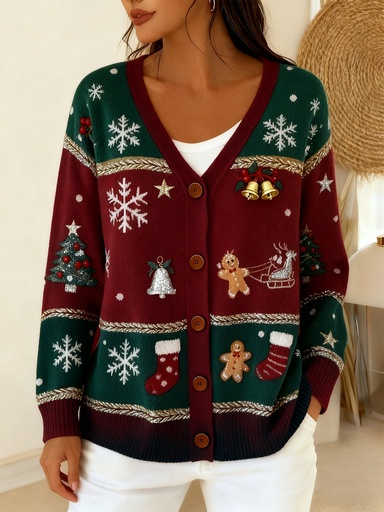 [17617456648941] Cárdigan Elegante de Navidad para Mujer - Abrigo Cómodo de Invierno de Manga Larga con Cierre de Botones Abierto al Frente, Patrón Festivo Rojo y Verde (Copos de Nieve, Galletas de Jengibre)