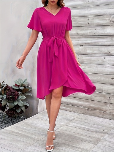[17614465364000] Vestido elegante de mujer con cuello en V, cintura anudada y dobladillo cruzado - Conjunto ligero de verano para fiestas y vacaciones, color liso con botones decorativos, corte halagador para playa, brunch, ropa casual, vestido de playa | Vestido con cuello en V | Construcción, Vestidos de playa