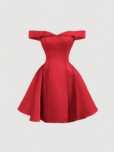 [sz2403185992250368] SHEIN MOD Vestido de estilo court en unicolor con cintura fruncida y hombros descubiertos