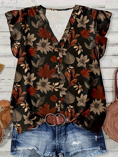 [17614738453098] Blusa de Mujer con Estampado de Leopardo y Cuello en V - Camisa Elegante con Botones y Estampado Animal Marrón, Tops Casuales o Formales para Todas las Estaciones, para el Día a Día y Ocasiones Especiales, Ropa Versátil, Camisa con Estilo, Amantes de la Moda, Ropa de Oficina, Top de Manga Corta