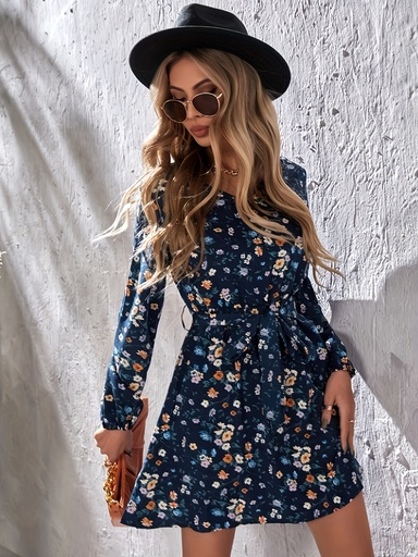 [17604249297479] Vestido de Mujer Estampado Floral Corte en A con Lazo Ajustable en la Cintura - Vestido Largo Casual de Playa con Cuello en V y Manga Larga, Tejido Ligero y Transpirable para Vacaciones de Verano, Piscina y Exteriores, Vestidos de Playa, Ropa para la Piscina, Diseño con Cuello en V, Estilo de Falda Fluida, Vestido para Mujer/Dama, Vestido de Verano para Mujer