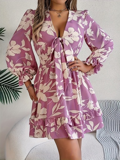[17598880628011] Elegante vestido largo de cuello en V con flores moradas, mangas acampanadas y cintura fruncida - Estilo dulce, manga larga, perfecto para primavera/otoño, moda para mujeres adultas, vestido floral.