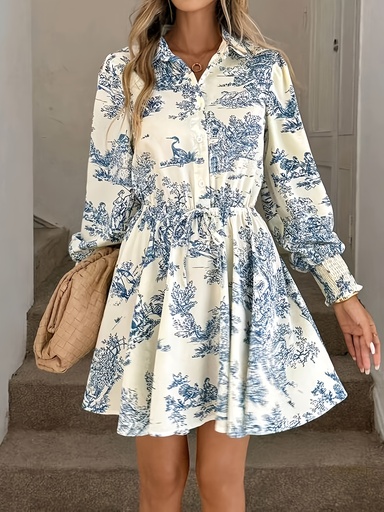 [17606329371348] Vestido Elegante de Mujer con Estampado Floral de Manga Larga - Largo a la Rodilla, Abotonado con Cintura Anudada, Diseño Azul Claro y Blanco, Perfecto para Primavera/Verano/Otoño, Ropa Casual a Formal, Vestido Casual de Verano | Vestido con Estampado Floral | Vestido con Cintura Anudada, Ropa de Vacaciones, Impresión Digital, Mujer, Vestido Elegante, Tejido Fluido, Ropa para Adultos