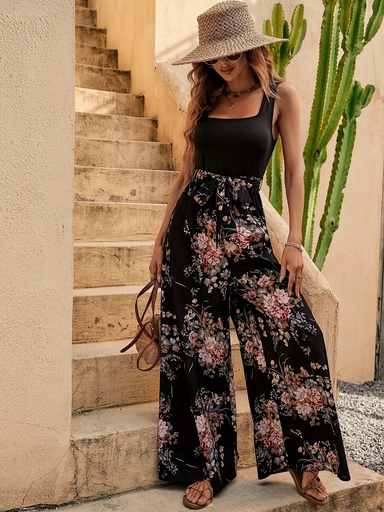 [17596618292346] Mono elegante para mujer con estampado floral, sin mangas, cuello redondo y piernas anchas, con cinturón ajustable, diseño en negro y rosa, lavado a mano, estilo sofisticado y urbano, tela sin estirar