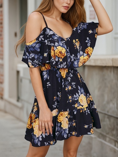 [17595945077434] Elegante vestido mini floral de hombros descubiertos para mujer - Dobladillo sin mangas con flores amarillas y azules vibrantes, cintura ceñida, perfecto para primavera/verano/otoño, lindo vestido.