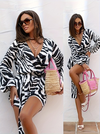 [17601615823764] Monos de mujer con estampado de leopardo y cuello en V, con cintura con lazo, diseño de rayas negras y blancas, cintura con cinturón, mezcla de poliéster ligero para primavera/verano, moda de primavera | Mono de cuello en V | Textura brillante