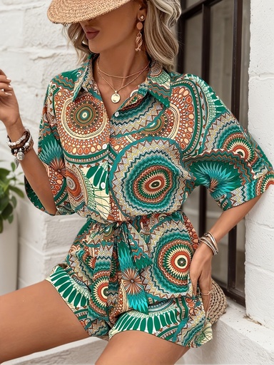 [17598425418035] Traje de verano bohemio para mujer - Estampado floral y geométrico vibrante, ajuste suelto con cinturón ajustable, mangas cortas y piernas anchas, tejido lavable a máquina para vacaciones en la playa y salidas informales, ropa de playa, listo para vacaciones, traje de estampado vibrante, moda cómoda, moda duradera, amantes de la moda