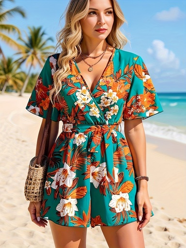 [17596052402675] Mono de Mujer con Estampado Floral Turquesa y Naranja - Culottes Cortos en A con Mangas de Hoja de Loto y Cuello Cruzado, Cinturón Ajustable en la Cintura - Ropa de Playa Holgada para Todo Tipo de Cuerpos, Conjunto para Vacaciones en Islas Griegas (Verde/Naranja)