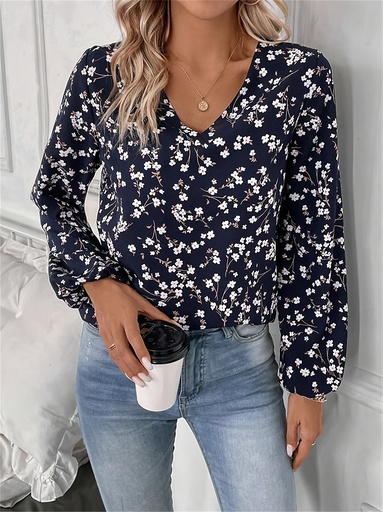 [17606192493099] Blusa Elegante de Mujer con Estampado Floral y Cuello en V - Azul Marino Blanco, Patrón Completo Floreal, ¡Lavable a máquina! Top para Ocasiones Informales o Forma
