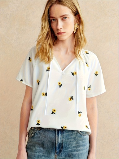 [17608750731194] Blusa Elegante de Mujer con Estampado Floral Francés y Cuello en V con Detalle de Lazo Frontal - Manga Corta, Ligera, Perfecta para Salidas Casuales de Primavera/Verano/Otoño, Blusas de Señora, Top y Blusa para Mujer, Blusa para Mujer