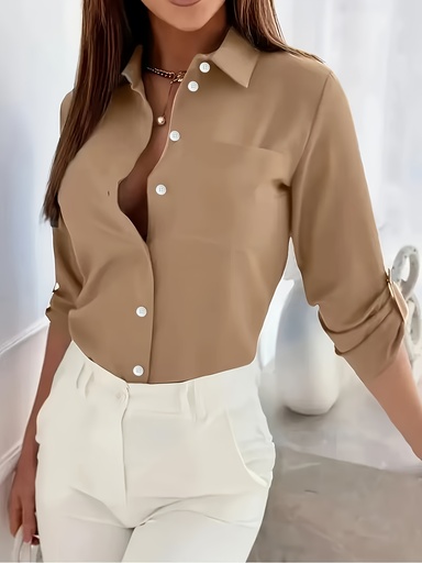 [17606661789043] Camisa de manga larga ajustada para mujer - Blusa de oficina profesional con placket frontal de botones, elegante blusa de cuello en V para negocios, eventos formales y uso diario - Atuendo formal para todas las estaciones - Ropa minimalista para mujer, negocios informales, diseño clásico, acabado pulido, top versátil, mujeres trabajadoras, ropa de trabajo, ajuste talla, material duradero, top con botones, profesionales trabajadores, blusa para mujer curvilínea, blusa blanca para mujer curvilí