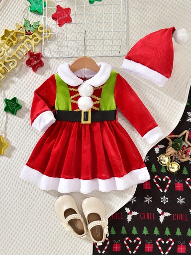 [17613016382816] Vestido de Fiesta Navideña para Niños - Conjunto Invernal Suave y Cálido con Cuello Blanco y Mangas Largas, Body con Cierre de Broches y Lavable a Máquina, Ideal para Fotos y Celebraciones Navideñas (Sin Costura)