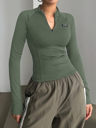 [17592928076117] Etiqueta de la letra Parche con cremallera Camiseta, Camiseta ajustada informal de manga larga para primavera y otoño, Ropa de mujer