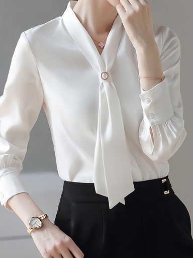 [17592382269555] Blusa Elegante de Mujer con Cuello en V y Manga Larga - Camisa Suave con Botones Frontales, Tops Versátiles para Oficina y Uso Diario en Todas las Estaciones, Ropa Casual o Formal, Atuendo Profesional, Diseño Clásico, Material Duradero, Camisa con Estilo, Amantes de la Moda