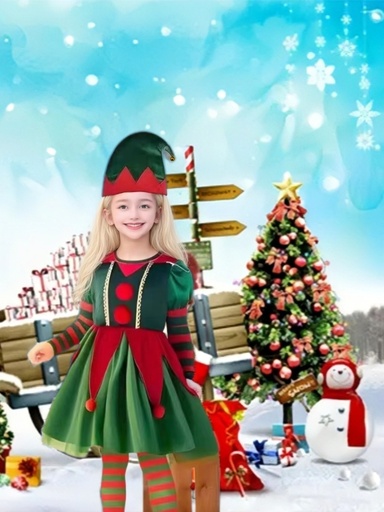 [17608771497709] Disfraz de Elfina Verde para Niñas con Pantalones Rojos y Sombrero - Traje Festivo para Fiesta de Navidad, Tela No Elástica, Perfecto para Celebraciones de Halloween y Navidad, Vestido de Navidad para Niñas, Ropa para Celebraciones Festivas, Diseño Divertido, Material Duradero