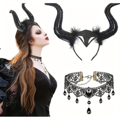 [17608370905407] 2 Diademas de Cuernos Reina Halloween, Conjunto Gótico con Collar Puntiagudo y Capucha del Diable, Accesorios para Disfraces de Bruja en Cosplay y Carnaval, Vestido de Halloween,Disfraces de Halloween para Mujeres Talla Grande,Disfraz de Halloween Talla Grande para Mujeres,Disfraces de Halloween para Parejas,Disfraz de Halloween