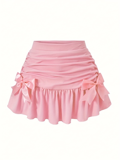 [17604470242853] Falda casual de color liso para niñas, ideal para todas las estaciones, con detalle de lazo - Falda acampanada con volantes y pantalones, falda rosa suave de línea A para citas, fiestas, para adolescentes, falda para niñas, ropa de fiesta, ropa cómoda, para adolescentes