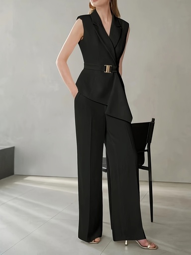 [17599665389962] Traje elegante de mujer sin mangas y pantalones de pierna ancha con cinturón dorado, diseño de talle alto, abotonadura al frente, bolsillos, versátil para oficina o casual, estilo sofisticado, cierre de un botón