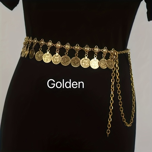 [17604234477293] 1 pieza de cadena de cintura con borlas de monedas vintage para mujeres - Estilo étnico tribal, joyería de baile de barriga de metal de tono dorado con detalles de monedas, perfecta para fiestas, festivales de música y ropa casual, accesorio de festival, accesorio festivo, accesorio duradero