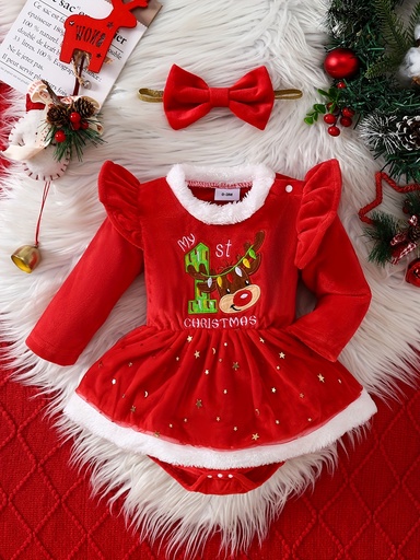 [17610668155848] Vestido de Tul con Lentejuelas de Manga Larga para Bebé "Mi Primera Navidad" + Diadema para Niñas Otoño/Invierno