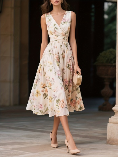 [17607235539944] Nuevo Vestido Midi para Dama de Diseño Elegante y Versátil, Cuello en U con Estampado Floral Lazo Trasero Plisados ZCDX