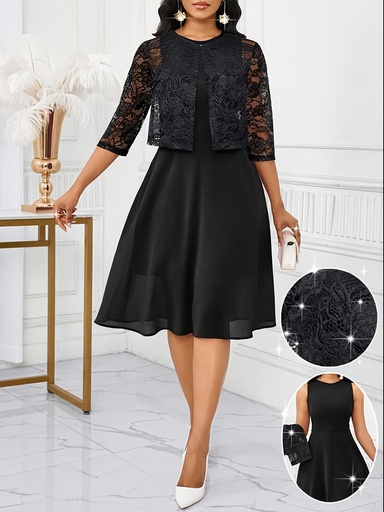 [17604672872774] Conjunto de Dos Piezas Elegante para Mujer: Top y Vestido sin Mangas con Encaje a Contraste, Ideal para Fiestas de Cumpleaños en Verano