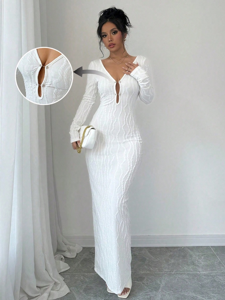 SHEIN Raffinéa Vestido de Body ceñido con escote profundo en V, hebilla metálica, espalda hueca y mangas largas extra largo para mujeres