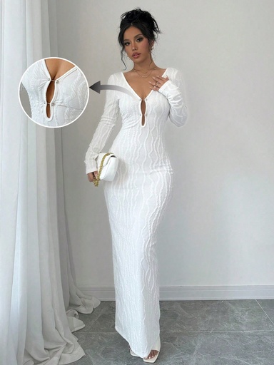 SHEIN Raffinéa Vestido de Body ceñido con escote profundo en V, hebilla metálica, espalda hueca y mangas largas extra largo para mujeres