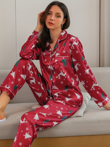 [17592802565142] Conjunto de pijama navideño para mujer, manga larga y pantalón, poliéster 97% con 3% elastano, tejido, cuello con solapa, cómodo para la piel, estilo casual, estampado de árbol, ropa de dormir para otoño/invierno.