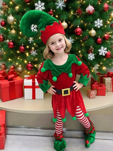 [17606928368733] Conjunto Navideño para Niñas y Niños: Vestido de Navidad, Gorro de Papá Noel, Calcetines y Cinturón, Set de 5 Piezas para Celebraciones Festivas, Regalo de Navidad y Carnaval
