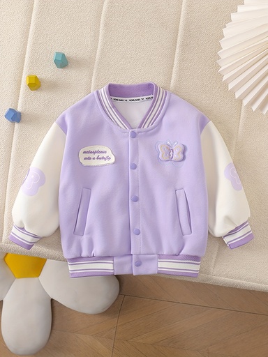 [17605792148554] 1pc Chaqueta de Béisbol con Bordado 3D de Mariposa y Letras Color-Block para Niñas, Tejido Suave de Punto, Ideal para Salidas Informales, Actividades al Aire Libre, Viajes, Escuela o Fiestas – Regalo Perfecto para Vacaciones, Cumpleaños o Vuelta al Cole