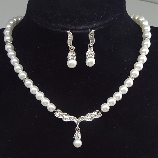 [17600649731854] 2 piezas de collar y aretes de perlas con alas de ángel - Estilo vintage boho, perlas falsas con detalles dorados, accesorio elegante para novias para bodas y ocasiones especiales, joyería de boda | Diseño de alas de ángel vintage | Accents de metal dorado, joyería de ángel