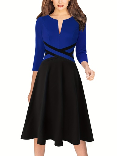 [17598947401532] Vestido elegante para mujer - Azul y negro, dos tonos, línea A, midi con cuello en V, mangas largas y cintura fruncida, perfecto para ocasiones informales o formales, ropa casual | Vestido con cuello en V | Diseño de cintura fruncida, vestido
