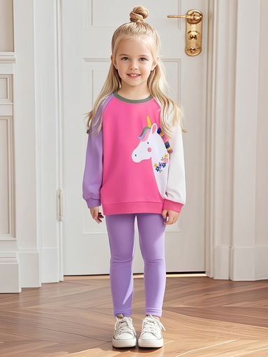 [17602137819101] Conjunto de Sudadera y Leggings de Invierno para Niñas Little Maven, 2 piezas - Rosa Pastel y Morado, con Apliques de Unicornio, Jersey de Manga Larga con Costuras en Contraste, para Exteriores, Perfecto para Exteriores, Tejido Cálido y Acogedor, Regalo Ideal (Rosa/Morado), Ideal para