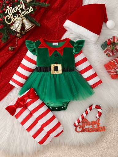 [17606409906498] Conjunto de Navidad para Bebé Recién Nacida (3 piezas) - Elegante Mameluco de Tul con Estampado Floral y Lazo, Calcetines y Gorro a Juego, Cinturón a Rayas Rojas y Blancas, Ideal para Fiestas Navideñas, Ropa de Navidad para Bebé Niña, Ropa Festiva para Bebé, Detalle de Lazo Decorativo, Mameluco de Tela Suave, para Exteriores