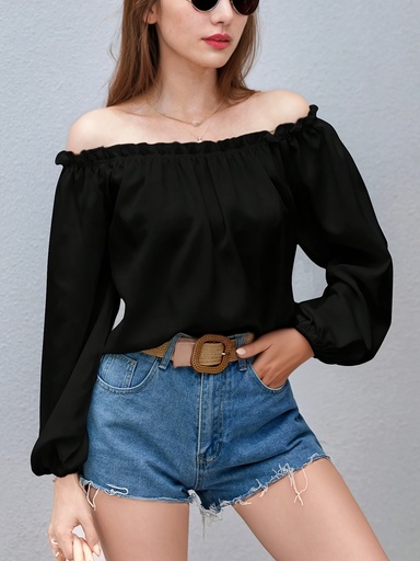 [17604637978023] Blusa Elegante de Mujer con Hombros Descubiertos, Cuello Barco y Mangas Abullonadas - Top de Cuello con Mangas Largas y Dobladillo en Forma de Paraguas, Ajuste Holgado y Cálido para Invierno, Ideal para Fiestas, Bodas y Outfits Casuales ( Sólido, Lavado a Mano)