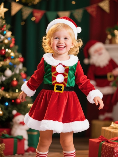 [17606794026178] Vestido de Navidad rojo para niños pequeños con ribete blanco y botones dorados - Vestido de fiesta de Santa Claus con cuello cuadrado y mangas largas para celebraciones navideñas, ropa de invierno, tejido de estiramiento medio, vestido de Navidad para niños pequeños, ropa festiva para celebraciones, talla cómoda para niños pequeños.