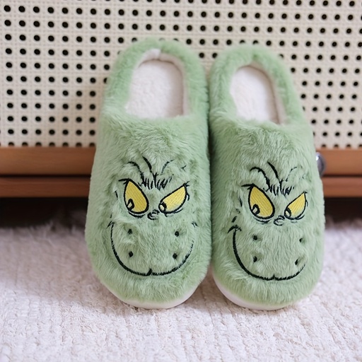 [17600954848574] Zapatillas de peluche con pelo verde monstruo navideño, bordadas, suaves y gruesas para hombre y mujer, cómodas y cálidas, con suela TPR, ideales para otoño e invierno