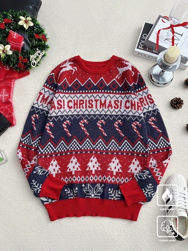 [17613845305639] Suéter Navideño para Hombre de Manga Larga en Rojo y Blanco con Patrones de Reno, Copo de Nieve y Muérdago - Suéter de Punto Lavable a Mano para Fiestas de Invierno y Uso Casual (Corte Regular) - Estilo Sueco/Danés