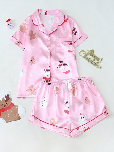 [17592888321832] Conjunto de pijama navideño para adolescentes, casual, con cuello de solapa y parte superior con pantalones cortos, mezcla de poliéster y elastano con ligero estiramiento, ropa de dormir tejida para todas las estaciones (95% poliéster, 5% elastano)