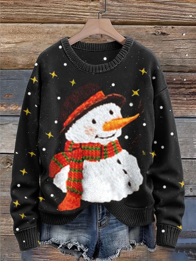 [17601975998483] Suéter Elástico para Mujer - Top de Invierno con Muñeco de Nieve, Camiseta de Manga Larga Alta Elasticidad para Fiestas de Navidad y Año Nuevo, Ropa Cómoda para Clima Frío, Suéter Festivo, Moda Estacional, Tejido Acogedor, Pullover Casual, Prenda Diaria, Diseño Lindo, Material Cálido