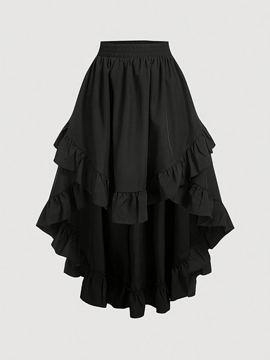 [17596399117437] Falda acampanada con vuelo y dobladillo fruncido para mujer, cintura alta, diseño fluido, con lazo al frente, poliéster negro, uso en todas las estaciones, falda elegante para vestir casual