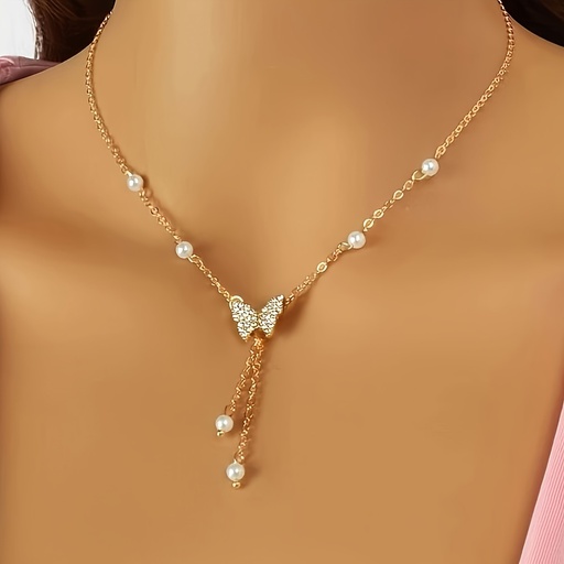 [17592507268615] Collar con dije de mariposa estilo Y2K, con perlas de imitación y detalles de strass, tema animal simple, aleación de zinc, versátil para uso diario y vacaciones