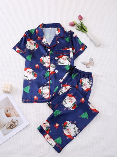 [17608756594540] Conjunto de Pijama Azul para Mujer con Estampado Navideño, Diseño Dulce de Manga Corta y Pantalón Largo de Dos Piezas con Cintura Elástica y Top con Botones para Primavera/Otoño/Verano, Pijama Navideño para Mujer, Pijama Occidental, Pijama de Caballo, Conjunto de Pijama para Mujer, Ropa de Noche para Mujer