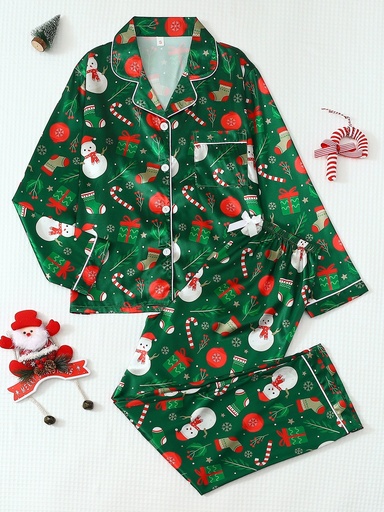 [17606792038766] Conjunto de pijama de dos piezas para mujer, de satén, para otoño e invierno, con camisa de manga larga con botones y pantalones, ideal para usar en casa, perfecto para el hogar, conjunto navideño, ropa cómoda, pijamas festivos, ropa de dormir para las fiestas, pijamas elegantes, tejido suave, ropa de dormir duradera