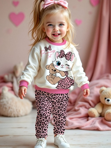 [17604116668607] Conjunto de dos piezas para bebé niña con estampado de gato en la sudadera y pantalones con estampado de leopardo - Ropa acogedora con forro polar, diseño rosa suave y a rayas, perfecto para otoño/invierno, para exteriores